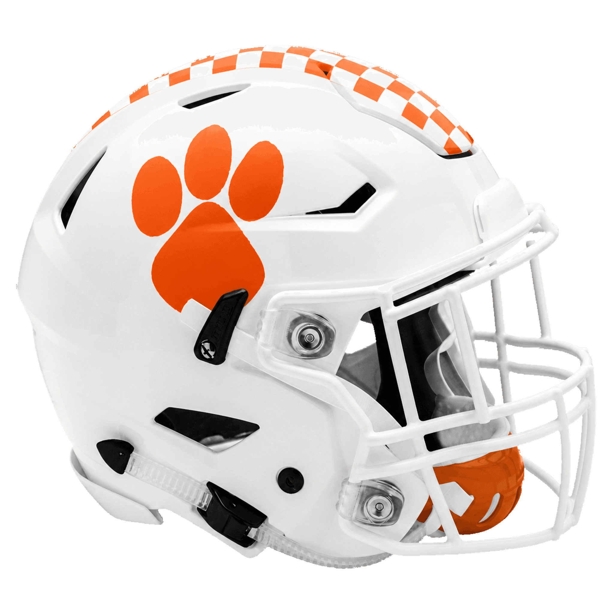 Jones white football helmet with orange paw and checkerboard crown