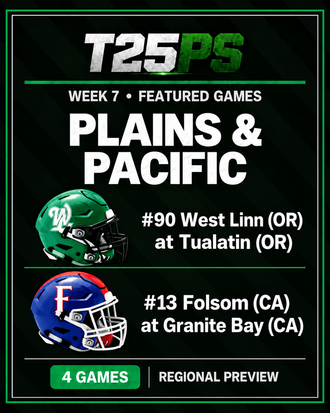 T25PS Week 7 Plains & Pacific Featured Games regional preview helmet graphic