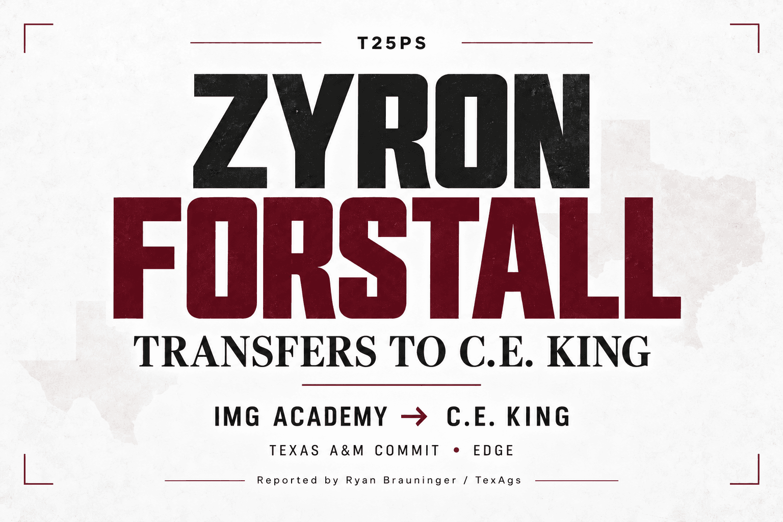 Zyron Forstall transfers from IMG Academy to C.E. King; Texas A&M edge-rusher commit.